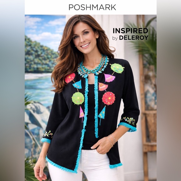 Inspired by Bellepoint Sweaters - Inspired by Deleroy,Parasol Appliqué Embroidered Cardigan Whimsical Art,Size XL